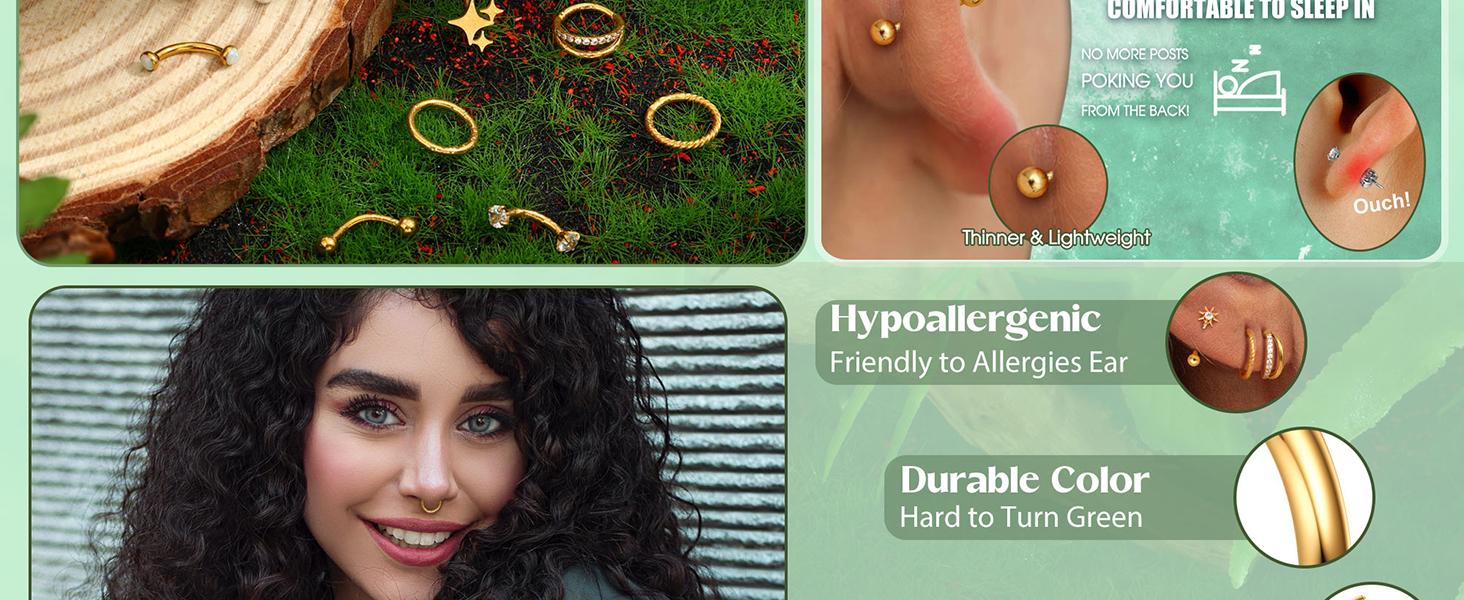 DB- 16G Ear Cartilage Piercing Jewelry, Medical Grade Steel Vertical Lip Stud, Gold Eyebrow Stud, Ear Cartilage Earrings, Women's Cartilage Bend Barbell Ear Cartilage Surface Tragus Piercing Jewelry, 14-Piece Pack-DB