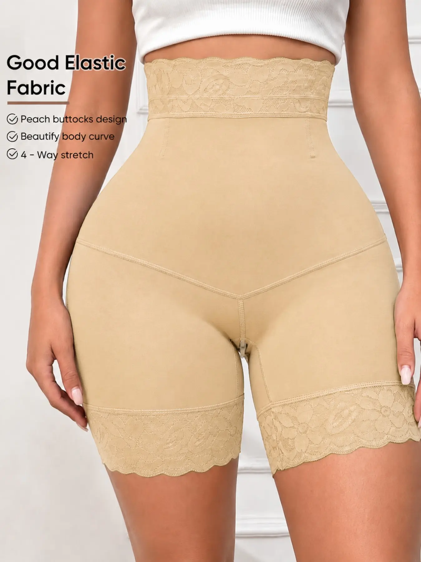 1 Count Women's High Waist Tight Fitting Bottoms, Colombian, Fajas, Solid Color Zipper Crotch Shorts, Butt Lifting Tummy Control Lace Anti Slip Strip Shapewear, Comfortable Tight-Fitting Shaping Panties, Ideal For Dating & Outfit Matching