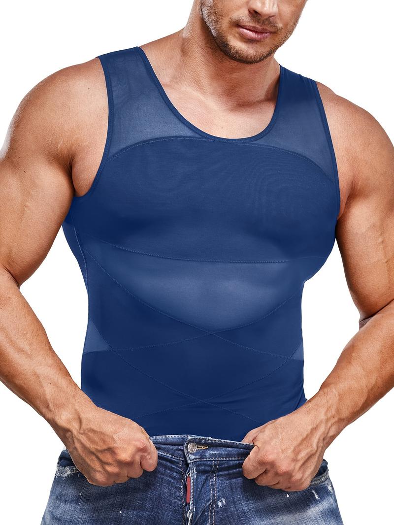 Men's Contrast Mesh Round Neck Shapewear Tank Top, Compression Shapewear Tops, Tummy Control Compression Shirt, Compression Vest for Men, Muscle Slimmer, Breathable Tank Top, Waist Trainer Vest