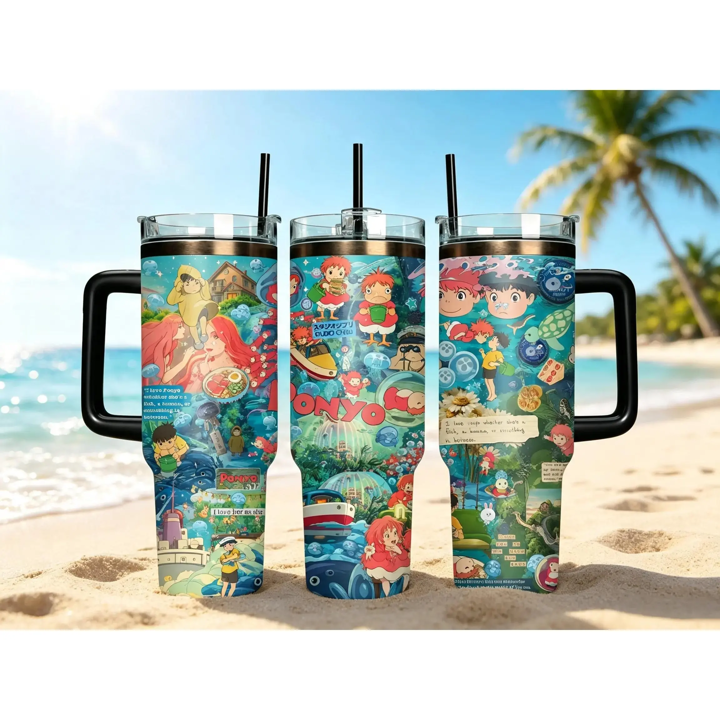40oz Insulated Stainless Steel Travel Mug With Handle And Straw Studio Ghibli Ponyo on the Cliff by the Sea Cinematic Collage Tumbler For Miyazaki Anime Fans With Ponyo Sosuke Ocean Magic And Ramen Scenes