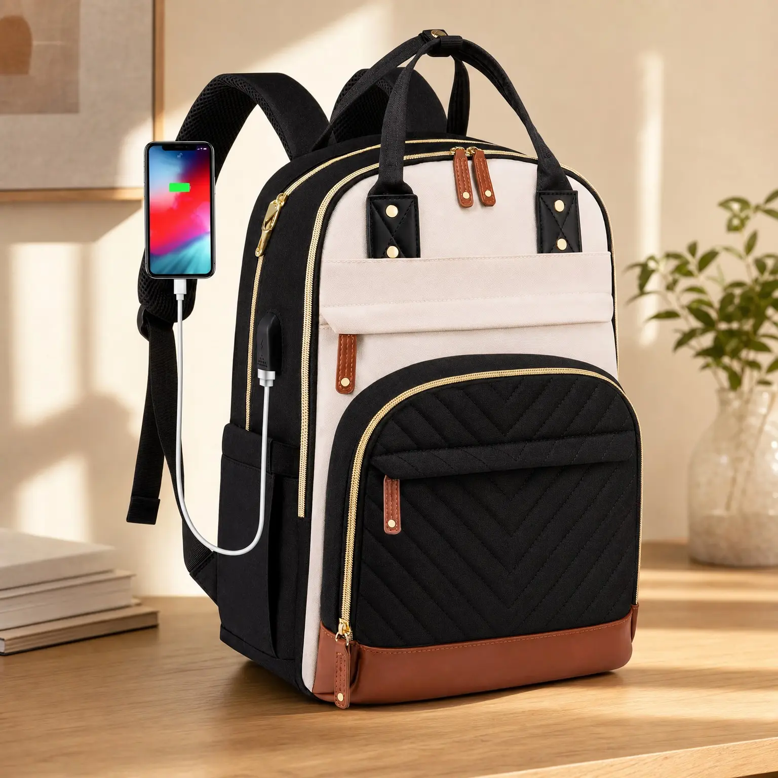 Laptop Backpack for Women 15.6 Inch Work Travel Backpack with USB Charger, Waterproof Business Computer Backpack Anti-Theft Casual Bookbag for Nurse Teacher, Beige Black BrownGift