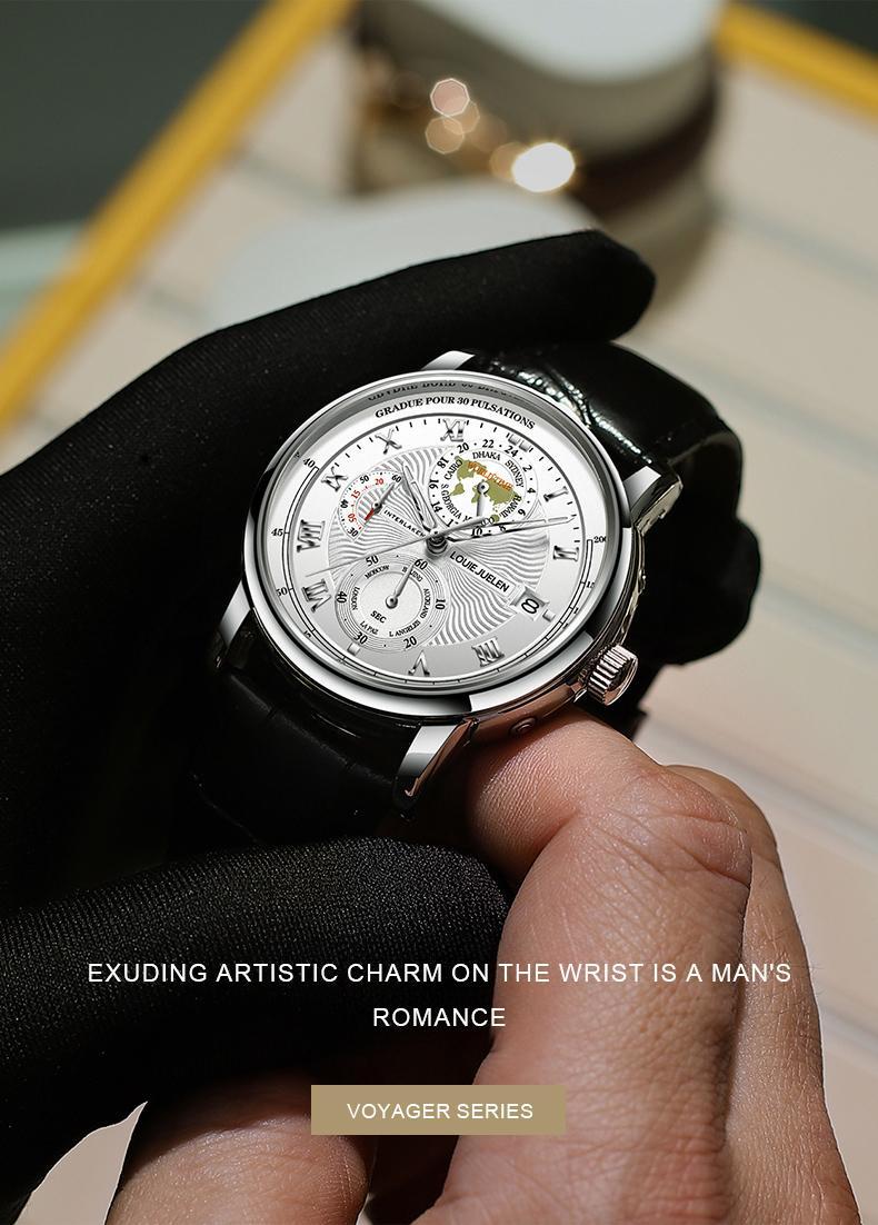 Men's Navigator high-end fashion watch: Swiss original movement, 42mm dial, leather strap, stainless steel case, waterproof luminous function, scratch and knock resistant, suitable for parties, business meetings, casual wear.