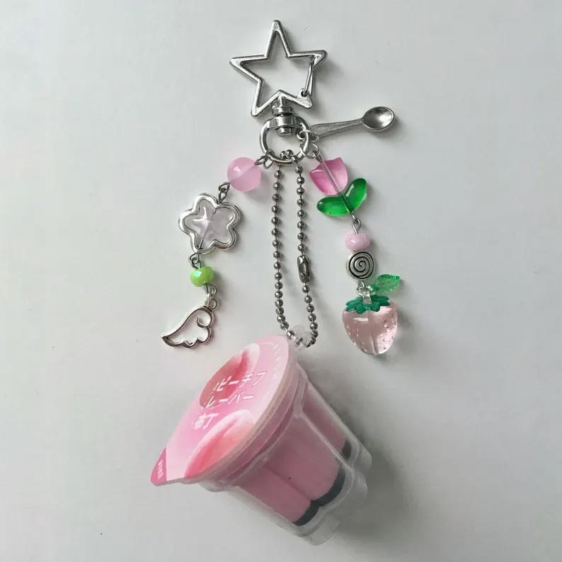 Japanese Pudding Keychain, Pink Yellow Egg Flan Charm, Y2K Heisei Retro Aesthetic Beaded Accessory