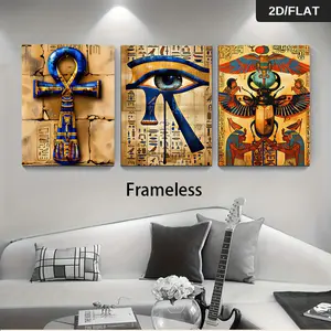 1 Set Ancient Egyptian Symbol Triptych Frameless Wall Art, Ankh Cross, Eye of Horus & Scarab Vintage Egypt Style 2D Flat Canvas