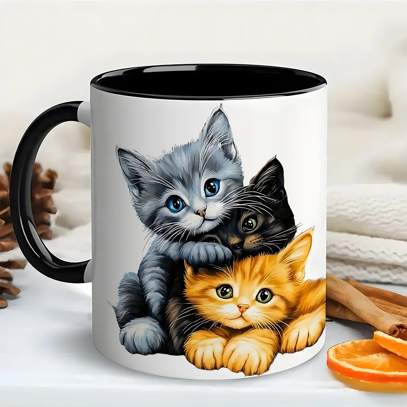 1pc 11-oz Modern Cat-Themed Ceramic Mug - Cute Kitten & Animal Design Coffee Cup, Kitchenware Drinkware with Letters, Ideal Gift for Cat Enthusiasts & Home/Office Use, Single