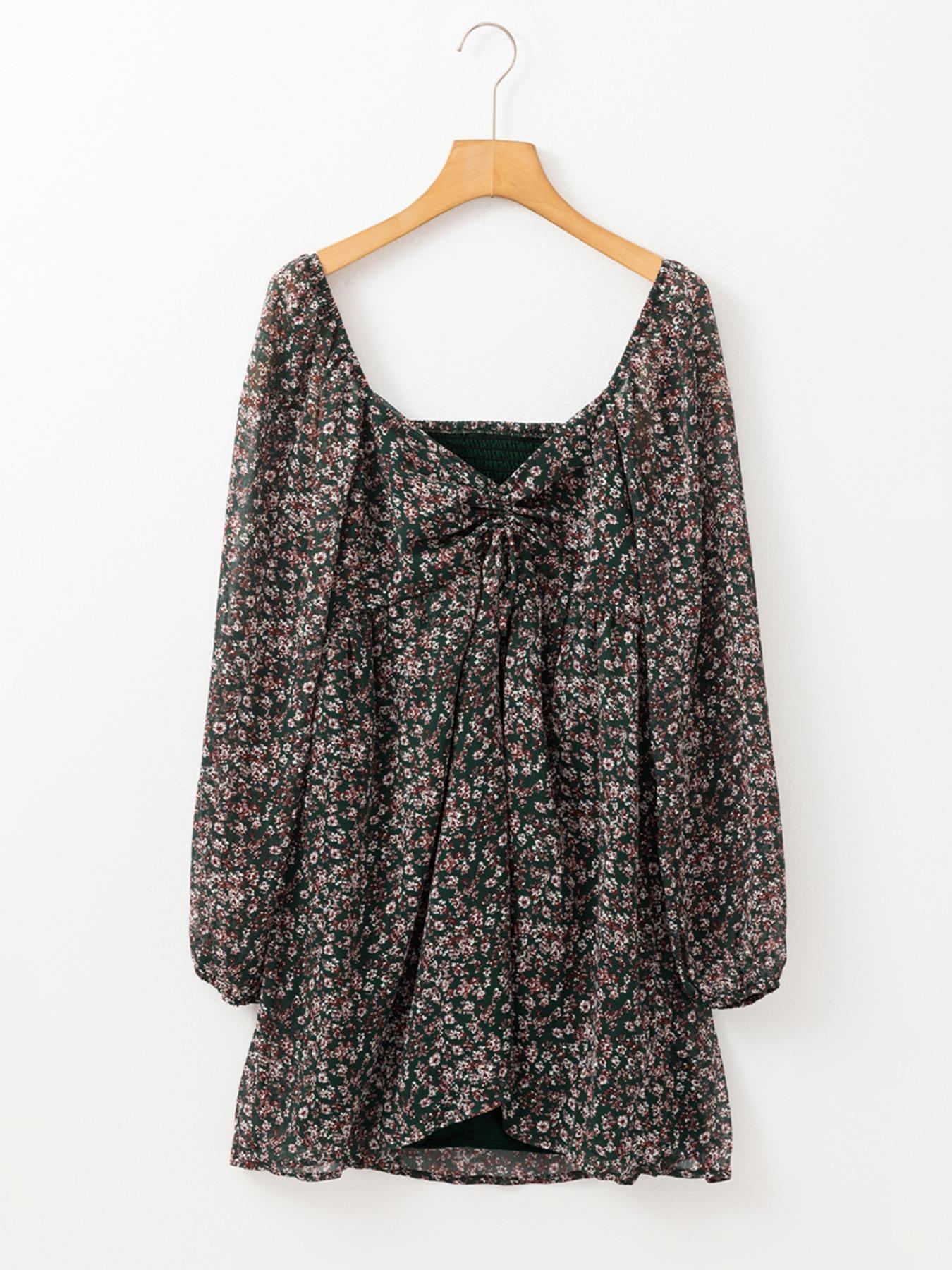 Women's Ditsy Floral Print Sweetheart Neck Shirred Back Dress, Boho Fashion Casual Puff Sleeve Dress for Daily Holiday Vacation Wear, Ladies Dress for All Seasons