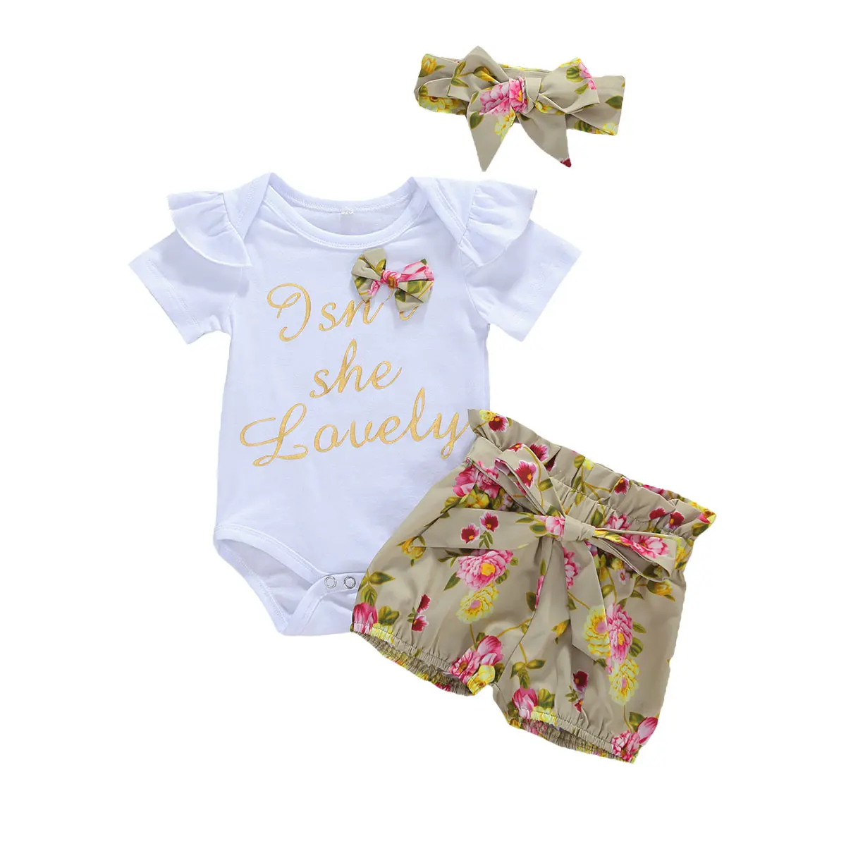 0-6 Months Newborn Baby Girl Regular Polyester Summer 4-Piece Gift Set - Letter Characters Short-Sleeve Romper, High-Waist Floral Shorts with Belt, Knot Bow Headband