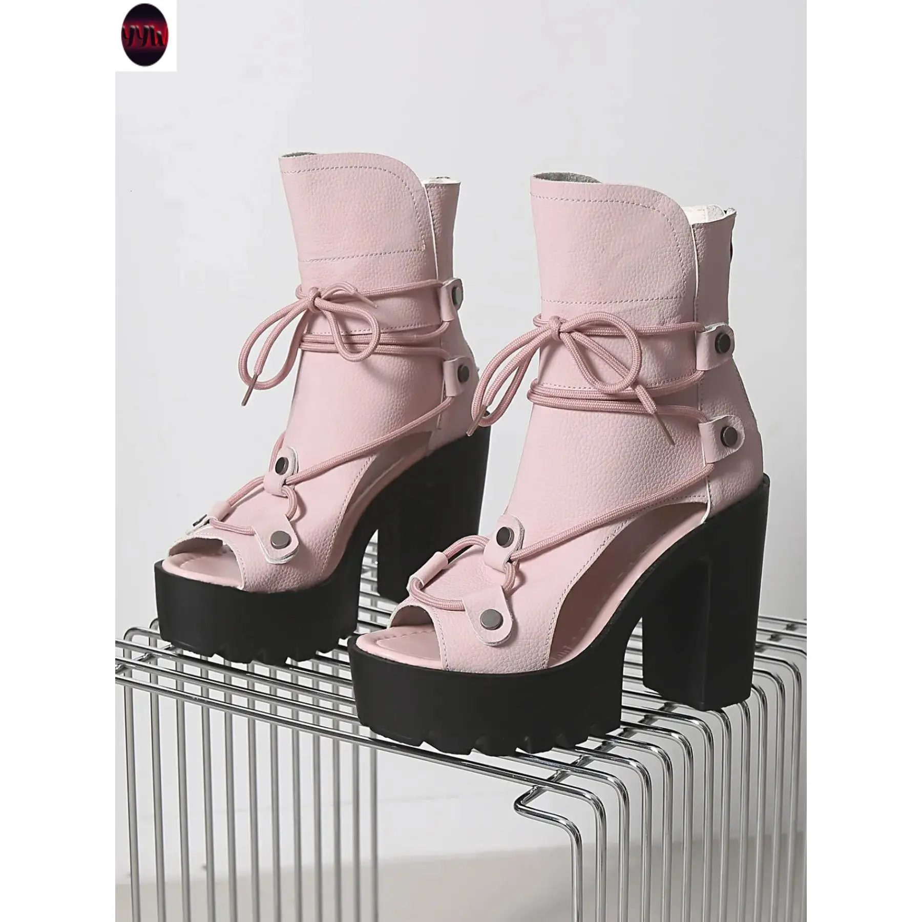 YYW1 Design Strap Heels, Thick Sole Chunky Heel Platform, Peep Toe Slimming Versatile Footwear