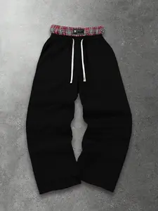 Double Waist Plaid Trim Sweatpants Stretchy Elastic White Drawstring Side Pocket Non-Binding Comfort Track Pants Vintage Red Check Inner Waist Streetwear Trousers for City Walk Skate Campus Daily Gym Training Coffee Date Weekend Casual OOTD Aesthetic Bott