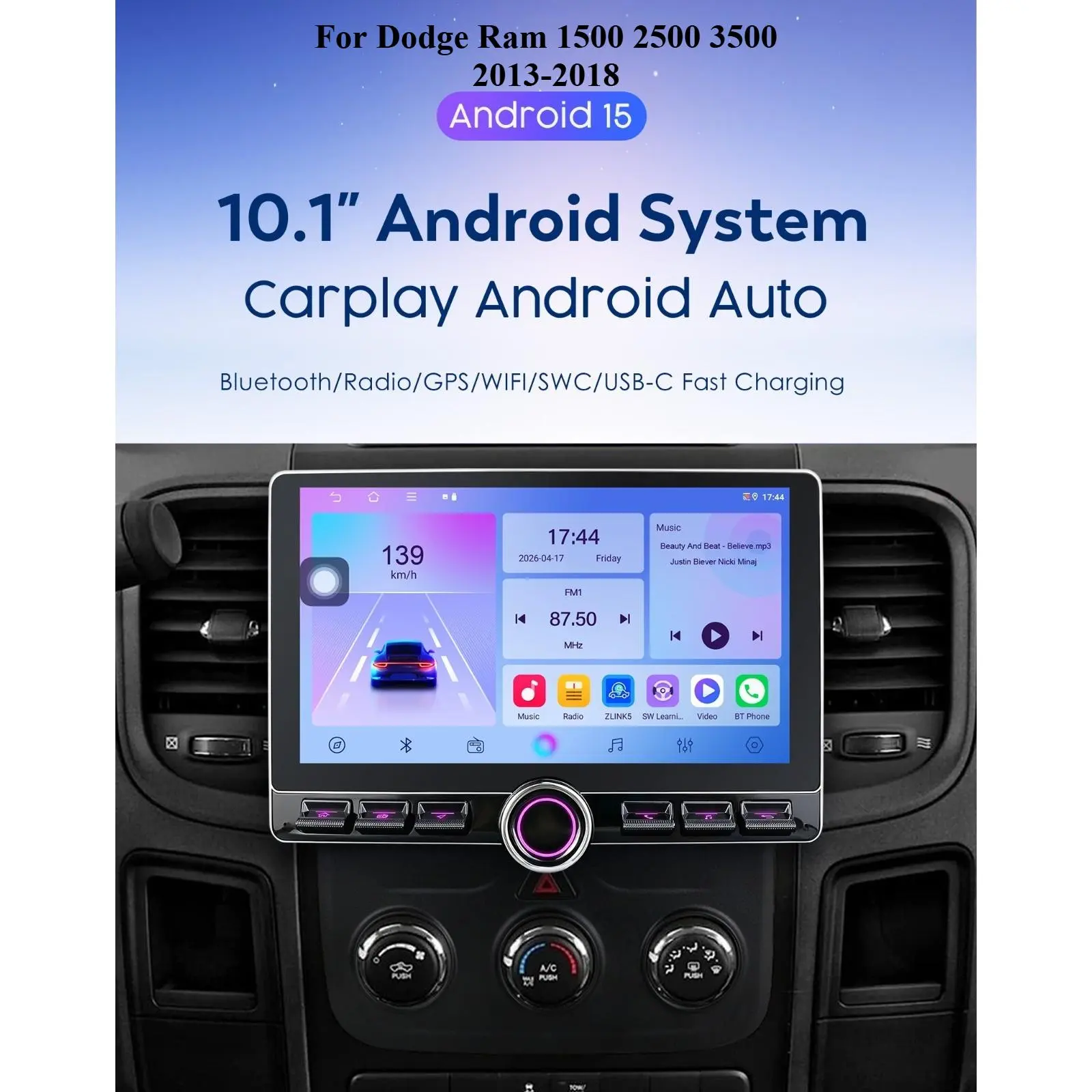Hizpo 4-Core 1.5GHz 4GB+64GB Flash Memory Android 15 Car Stereo, 10.1-Inch Touch Screen GPS Bluetooth Stereo Car Video Player for 2013-2018 Dodge Ram 1500, 2500, 3500 with CarPlay