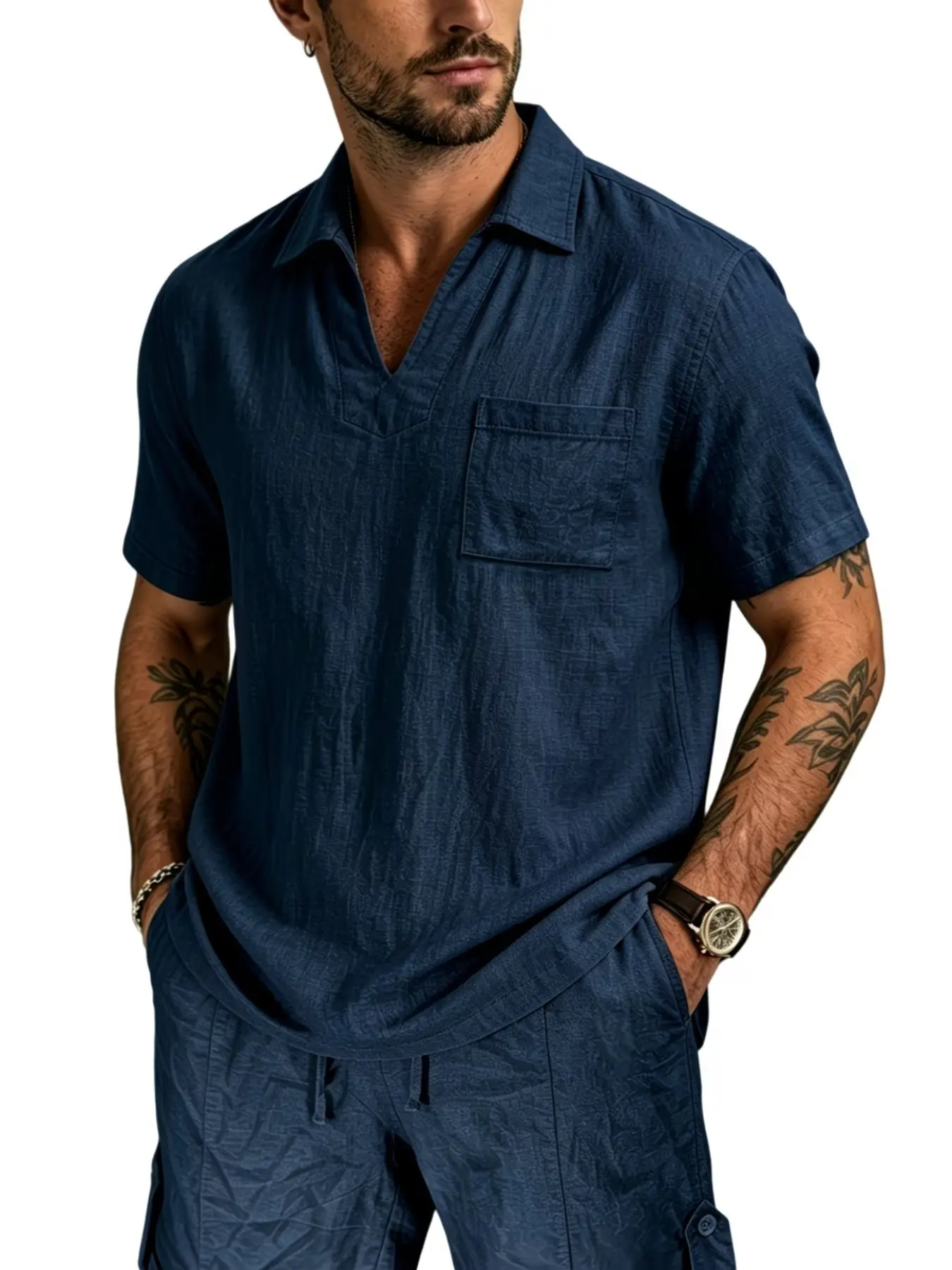 Men's European Style Casual Polo Short Sleeve, Textured Fabric V-Neck Lapel + Chest Pocket, High Elasticity Breathable Quick-Dry, Loose Fit