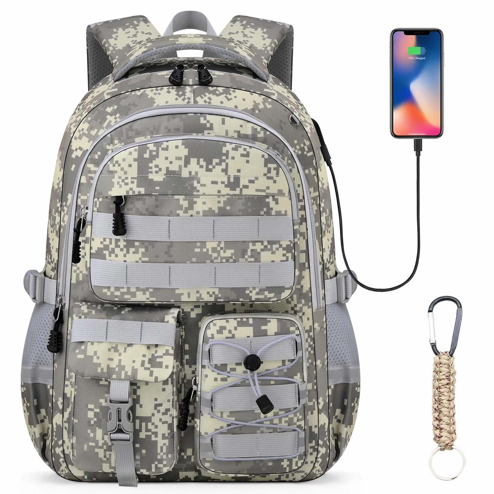 Camo Boys Backpack for Elementary & Middle School, 18-inch Large Capacity Synthetic Bag with USB Port and Reflective Strips, A Thoughtful Birthday Gift, Thoughtful Gift, 11.8”X6.3”X17.7”, Built-In Charging Cable, Back To School Haul, First Day School Grwm