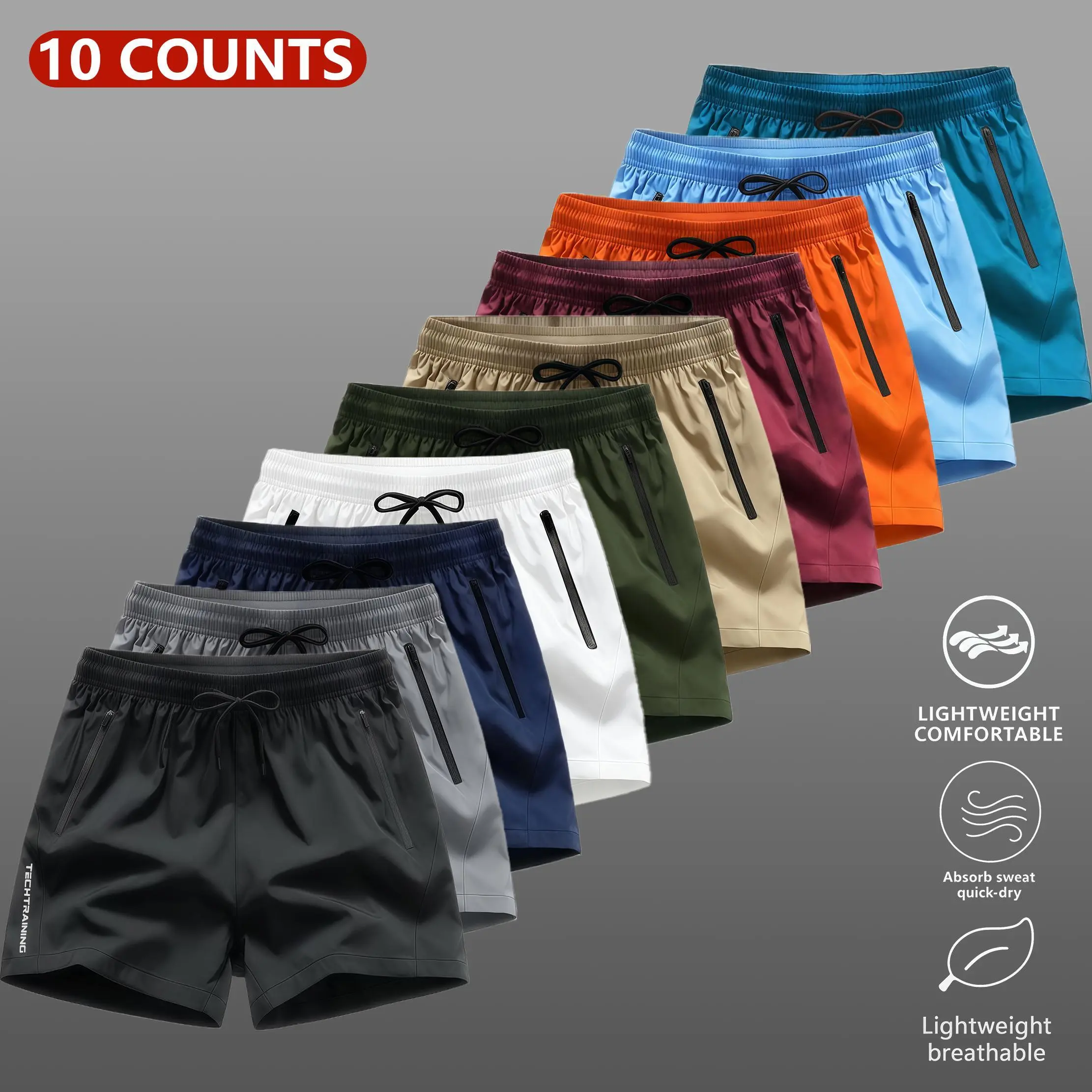Men's 10-Pack Polyester Quick Dry Training Cycling Short Shorts - Soft Stretch, Trending Sporty Chic, Multi-Color Zipper Pockets, Elastic Drawstring Waist, Breathable Gym Bottoms for Workouts, Summer Daily Wear, Trending Clothes, Training Cycling Shorts,