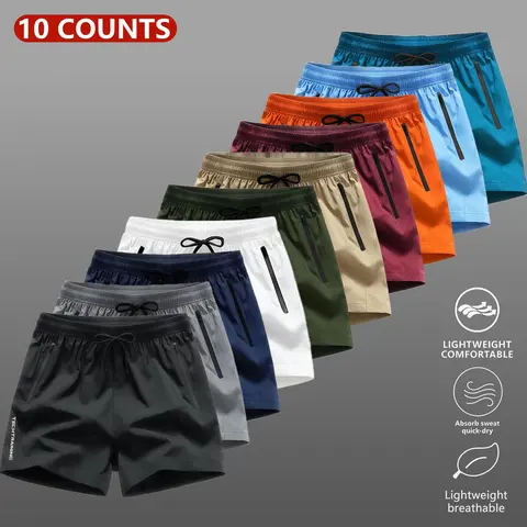 Men's 10-Pack Polyester Quick Dry Tech Training Shorts - Soft Stretch, Active, Basic, Oversized, Multi-Color Zip Pockets, Elastic Drawstring Waist, Breathable Gym Bottoms for Workouts, Summer Wear, Men's Stuff, Gym Sets, Clothing