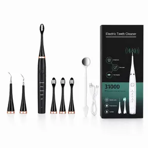 2-in-1 Electric Toothbrush & Ultrasonic Dental Cleaner All-in-One, Black| Comes with 3 Brush Heads + 2 Replaceable Calculus Removal Tips, Waterproof for Sensitive Gums, Ergonomic Handle, Gift Set