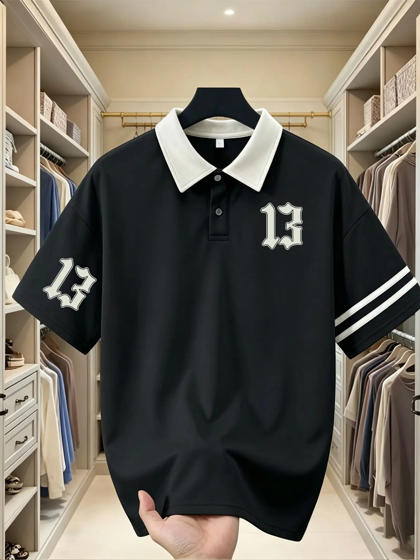 Fgfs Street Vintage Gothic Number 13 Print Polo Shirt, Unisex Loose Fit, Multi-Color, Short Sleeve, Y2K Casual Apparel, All Seasons
