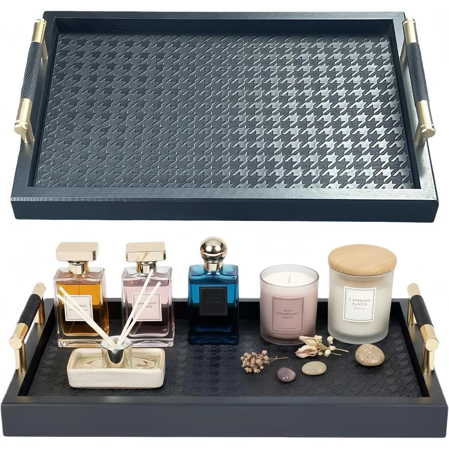 Tray for Dresser -13.4"x8.7" Cologne Tray with Handles | Black  Trinket Tray with Leather Mat for Perfume, , Watch, Key, for Bathroom Countertop, Living Room, Bedroom