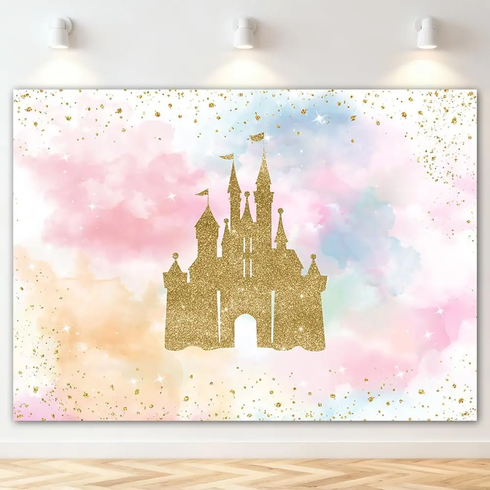 Princess Castle Birthday Backdrop Watercolor Pastel Rainbow Birthday Background  Glitter Royal Party Cake Table Decoration Photo Booth Props (7x5ft)