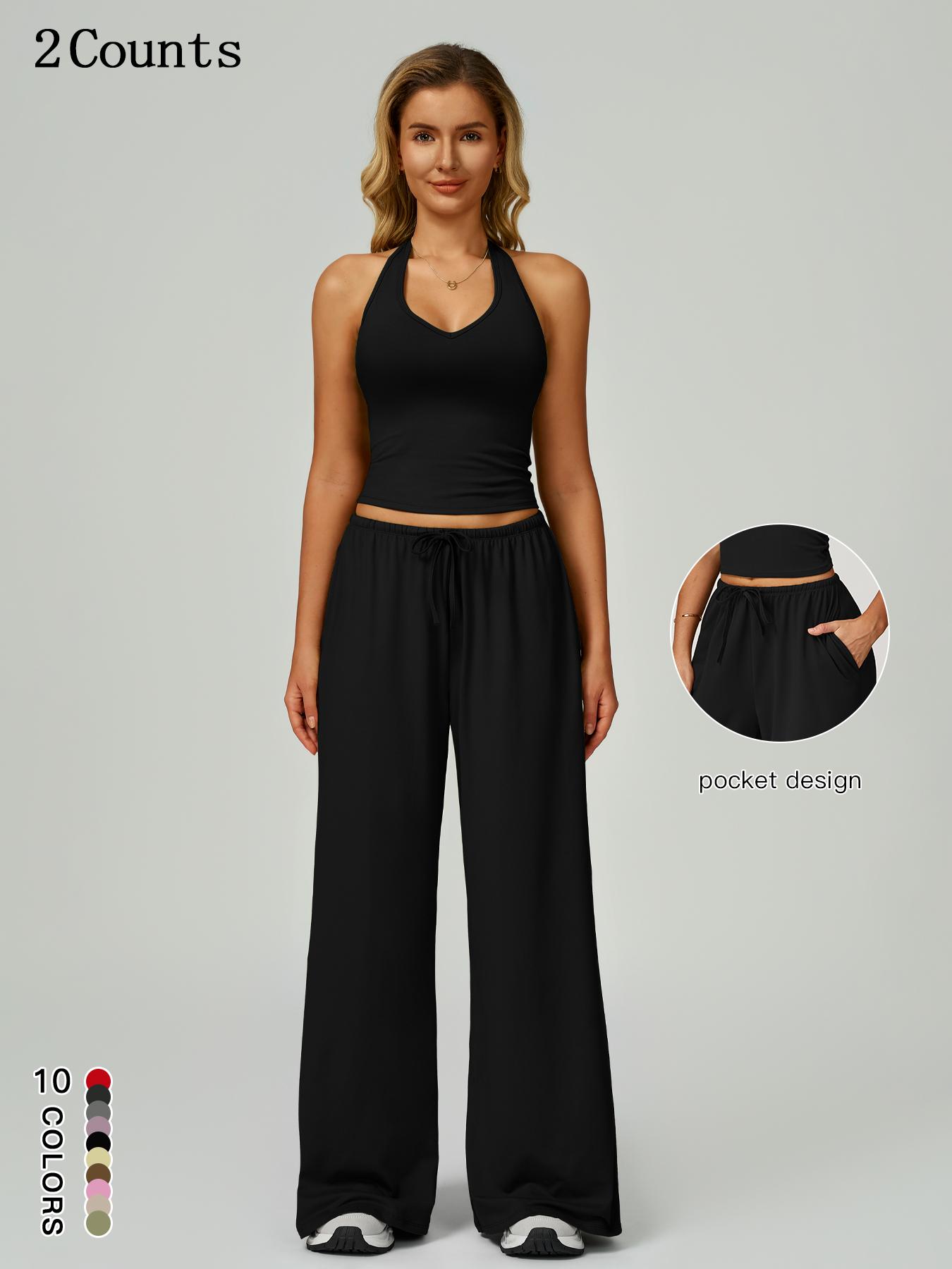 Women's Solid Crop Tank Top & Wide Leg Pants Set, Casual V Neck Sleeveless Top & Trousers for Daily Outdoor Wear, Ladies Sportswear for Summer Sports, Yoga and Airport Outfits, Gym Outfit