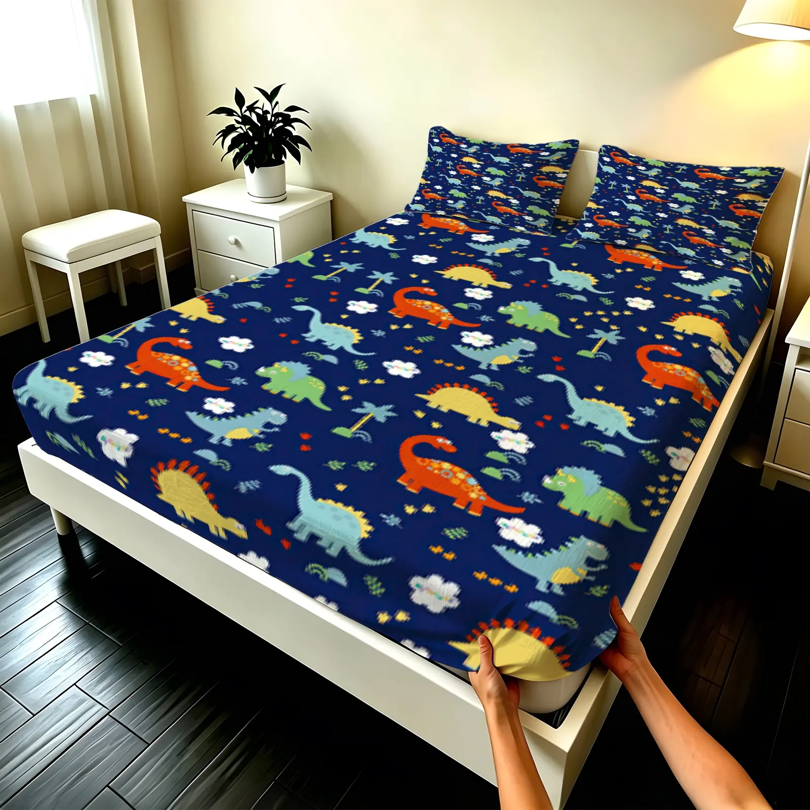3pcs Fitted sheet Dinosaur Pattern Soft Microfiber Bedding Set Wrinkle Resistant Fade Proof Breathable Durable Comfortable Fit for Twin Full Queen King Size Ideal for Bedroom Hotel Home Twin Boys Bedding Set