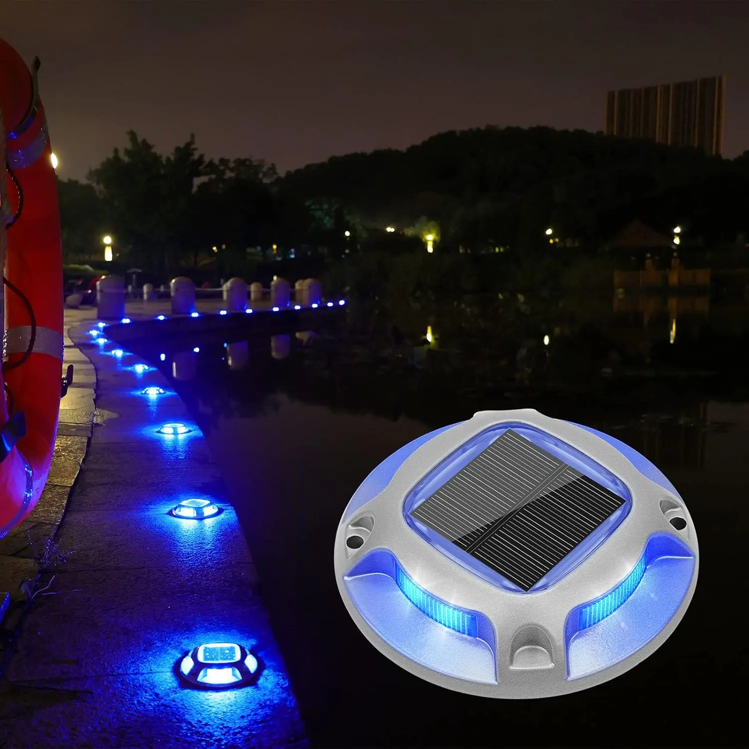 12-Pack Auto Solar Powered Marine Dock LED Lights - 2-in-1 White/Blue Dual Lighting, IP67 Waterproof, 600mAh Battery, Aluminum Shell, 12 LED Beads, Saltwater Resistant, Easy Install with Screws, Batteries Included for Boat Step, Garden, Driveway
