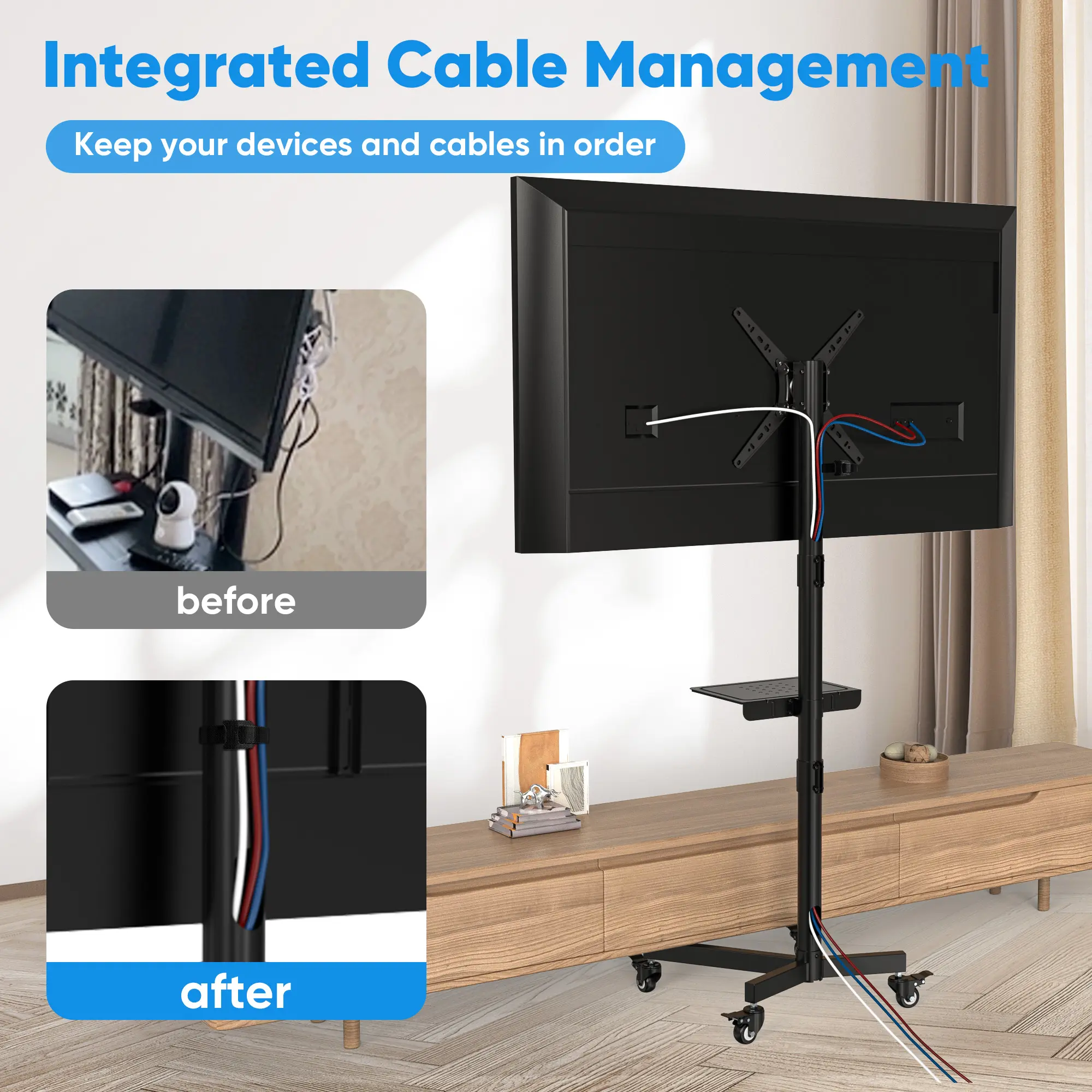 Forged Mobile TV Stand for 23-55-inch LCD/LED flat-panel/curved TVs. This 15° tilt TV cart supports up to 77lbs. The portable stand includes a laptop holder, rolls tothe floor, swivels, and supports VESA resolutions up to300x300 mobile tv cart