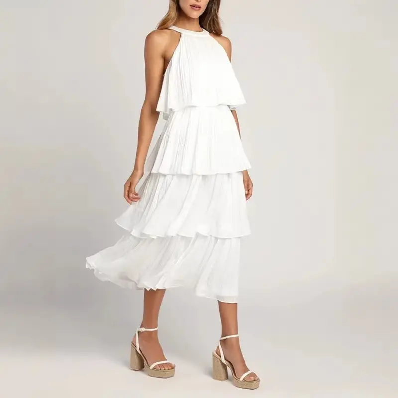 2026 summer new neck sleeveless high-end chiffon ruffle edge temperament elegant dress