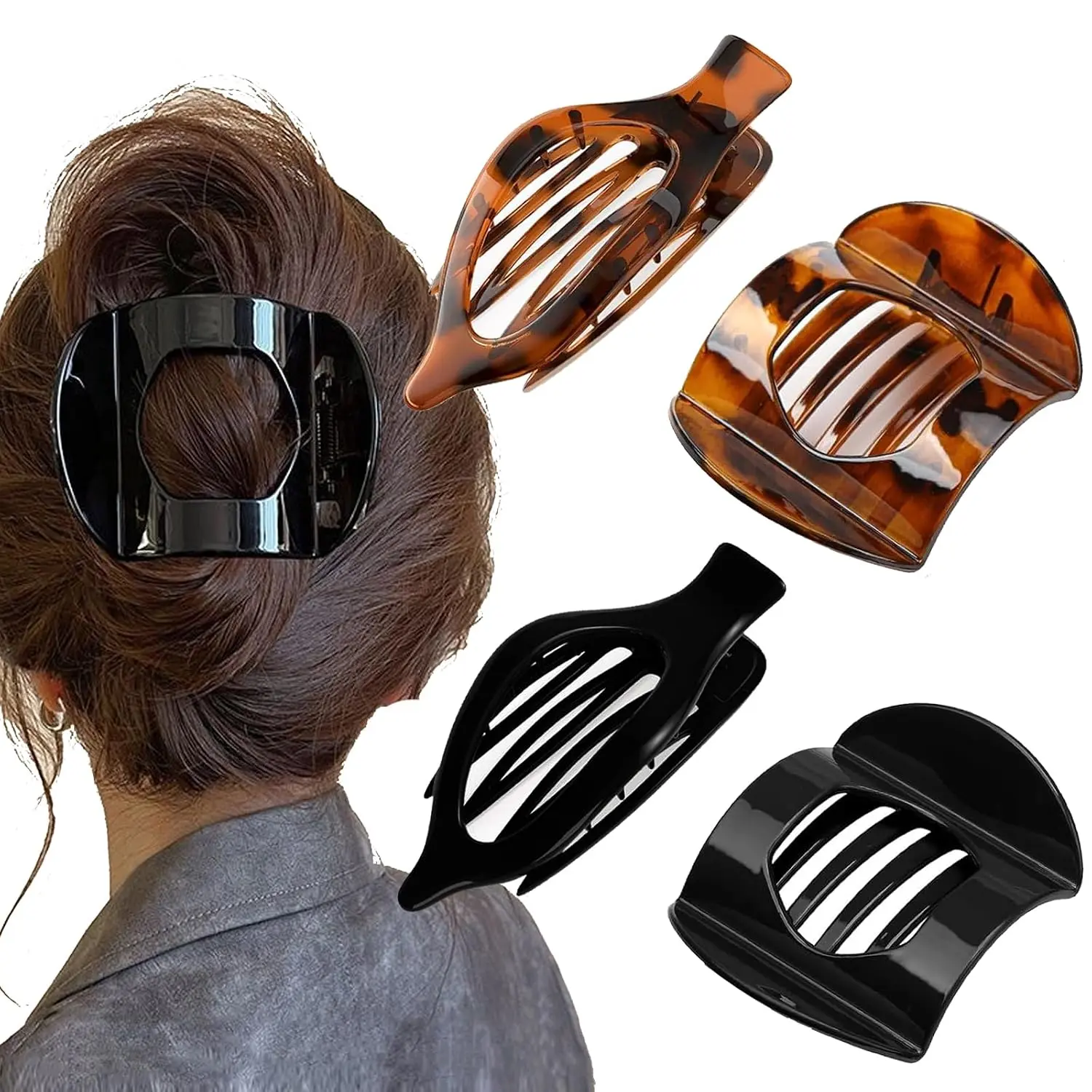 4 count Flat Hair Clips Large Flat Claw Clips For Women, 2 Styles Black Leopard Duckbill  Hold Hair Barrettes for Thick and Thin Hair Comfortable Curved Clips