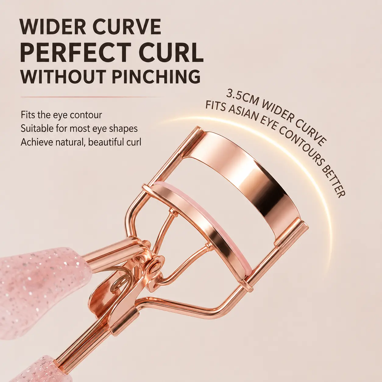 1Pc Rose Gold Wide Angle Eyelash Curler, No Pinching Long Lasting Curl Lash Tool with Glitter Pink Handle, Beginner Friendly Professional Eye Makeup Accessory for Daily Travel