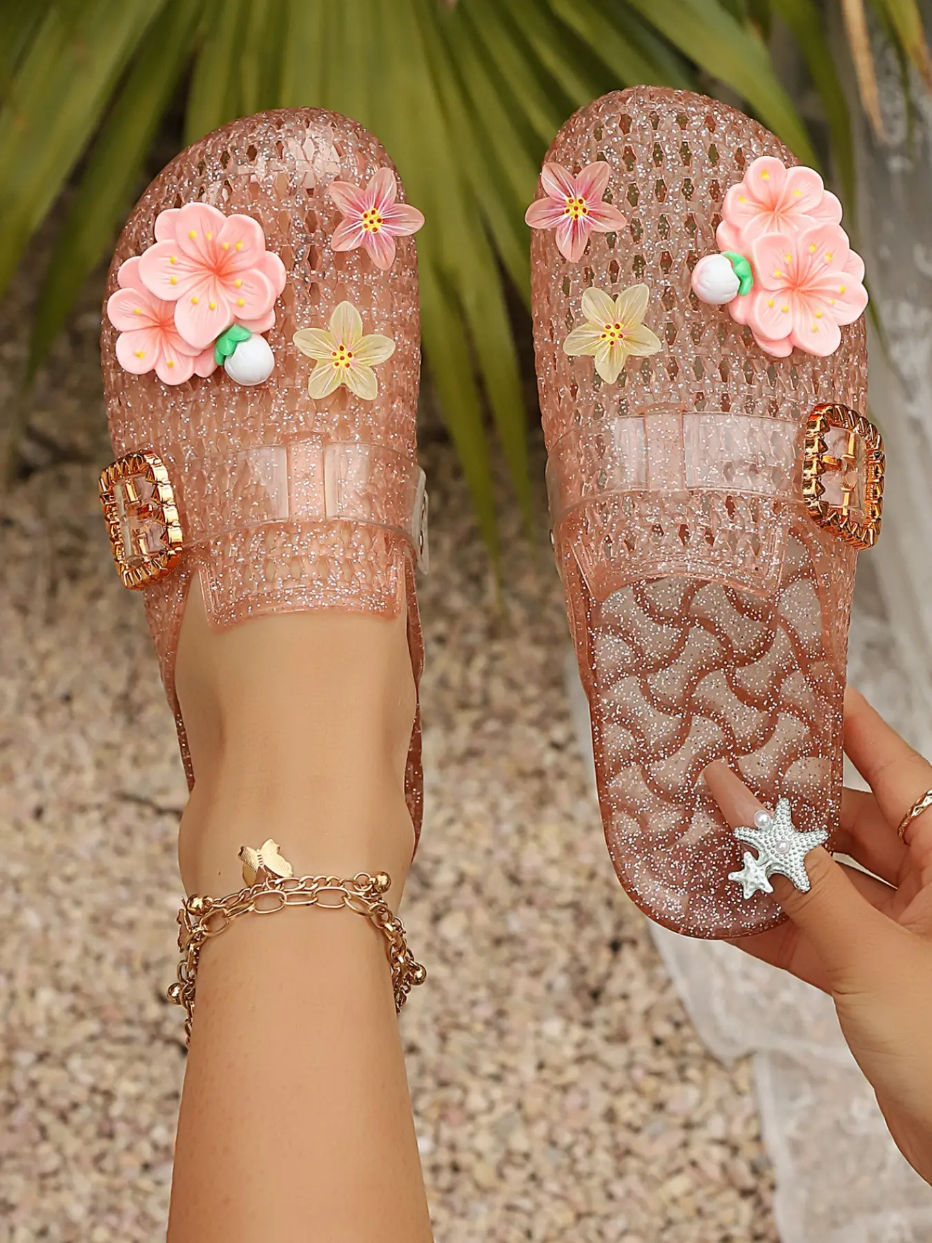 Floral Shimmer Jelly Sandals, Summer Fairy Tale Shoes, Casual PVC Material, Less Than Ankle Height, All Seasons Wear