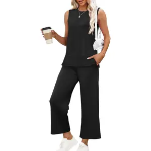 Women's 2 Piece Outfits Summer Travel Tracksuit Loose Wide Leg Loungewear Comfy Lounge Sets S-3XL