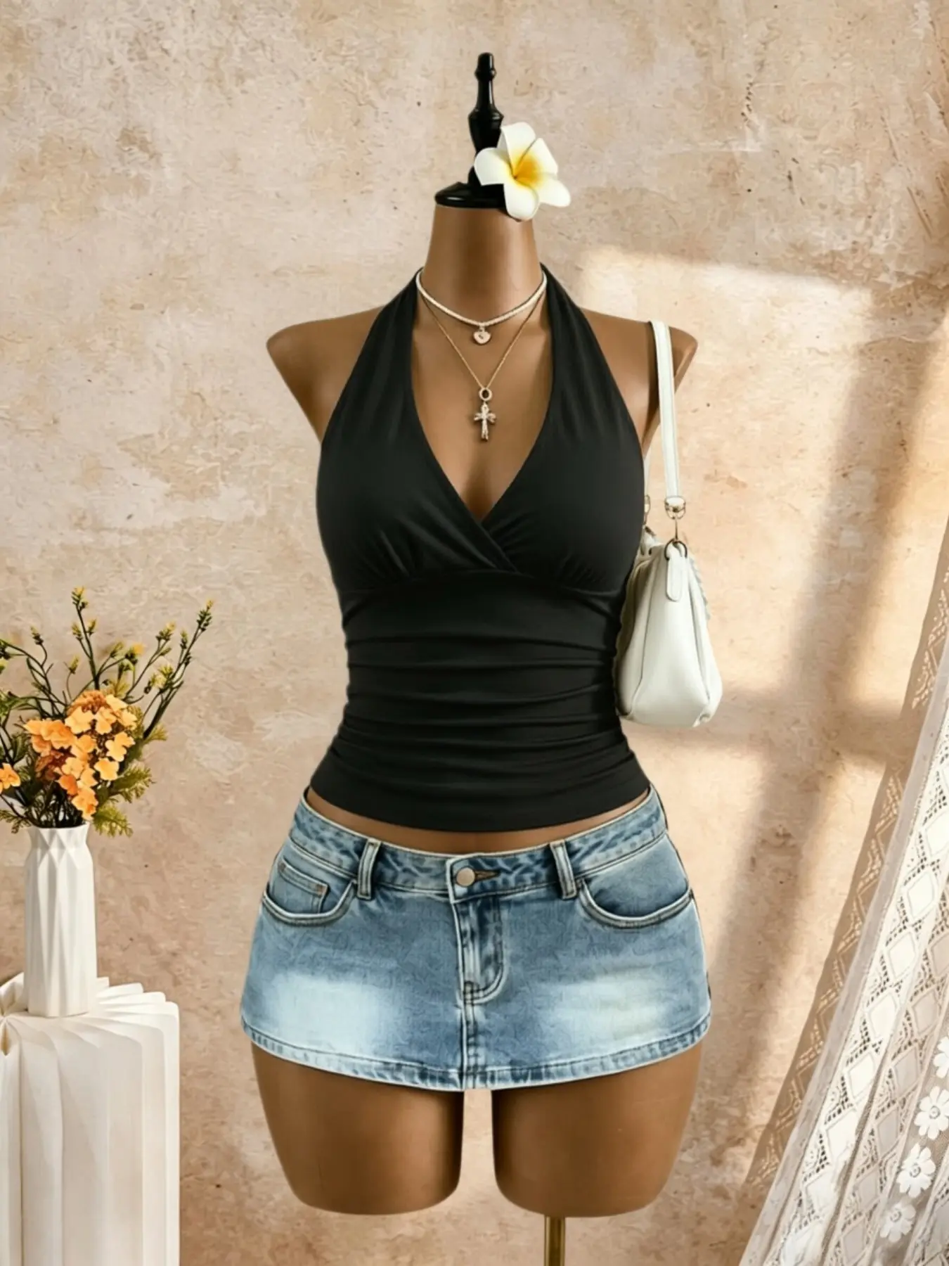 Polka Dot Deep V Neck Halter Strap Top, Busty Beach Vacation Waist Cinch Slimming Backless Top, Sexy Summer Fashion Women's Clothing