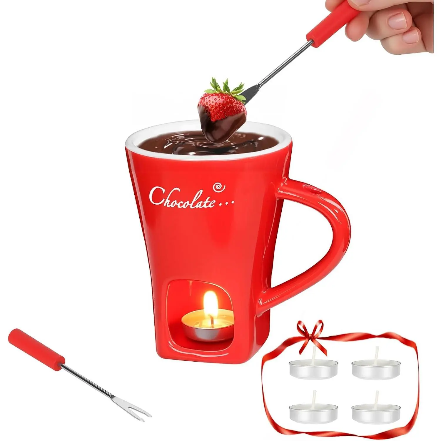 Fondue Pot Cup Set Chocolate Melting Fondue Mugs with 2 Forks & 4 Tealights Mini Red Ceramic Fondue Set for Cheese Marshmallows Sweet Fondue Cup for Date Night Party Wedding Holiday Gift