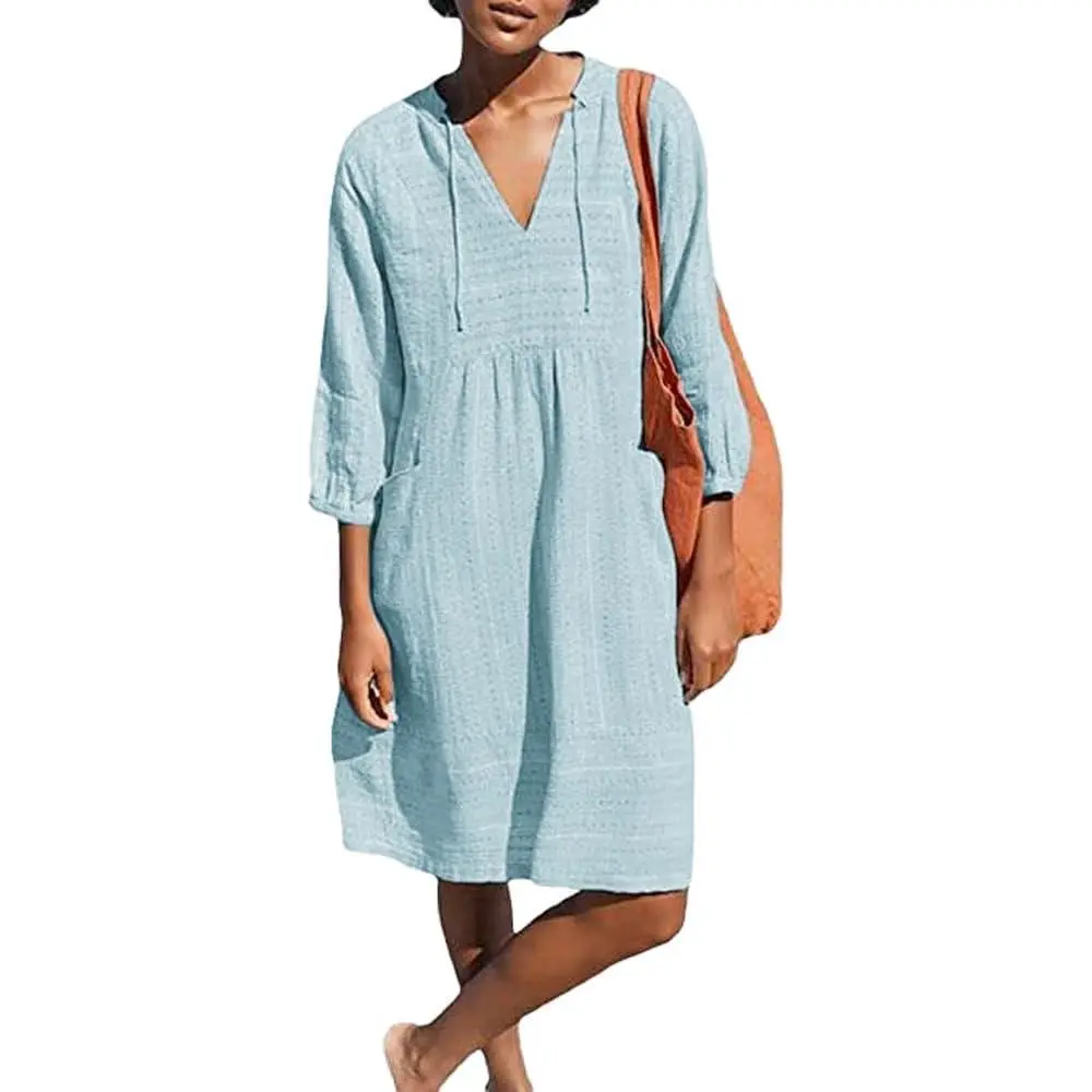 Women's Casual V-Neck Shift Dress, Cotton Tunic with 3/4 Sleeves and Pockets for Summer Vacation Wear, Casual Wear