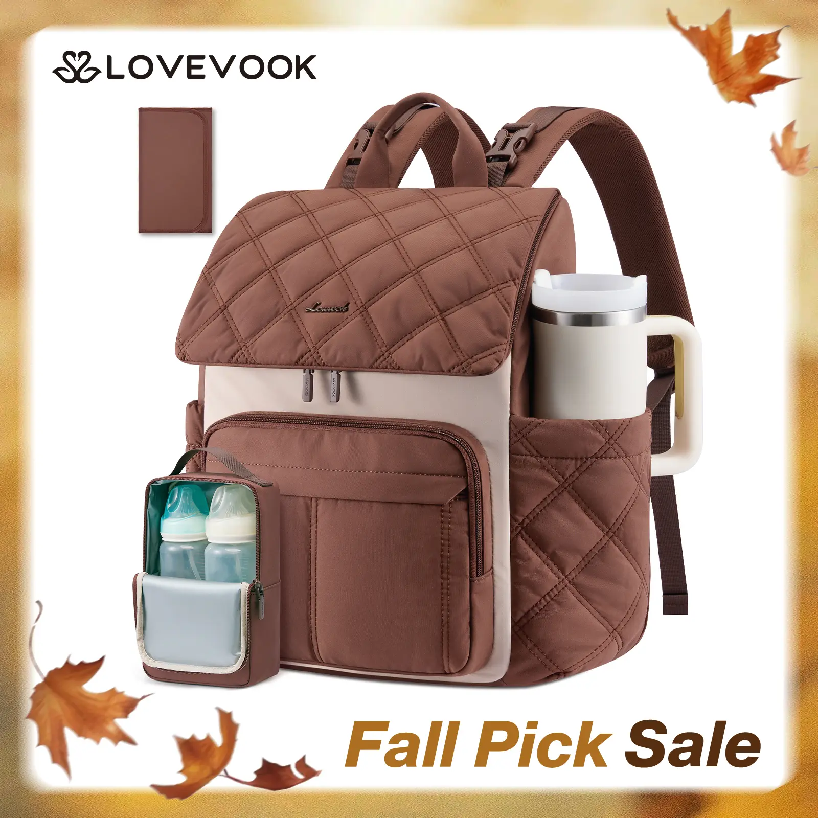 LOVEVOOK Diaper Bag Backpack With Pocket For Large Capacity Cup,Multi-Function Baby Travel Bag For Mom Dad,Waterproof Baby Bag for Boys Girls with Changing Pad,Insulated Bag,Stroller Straps,Brown