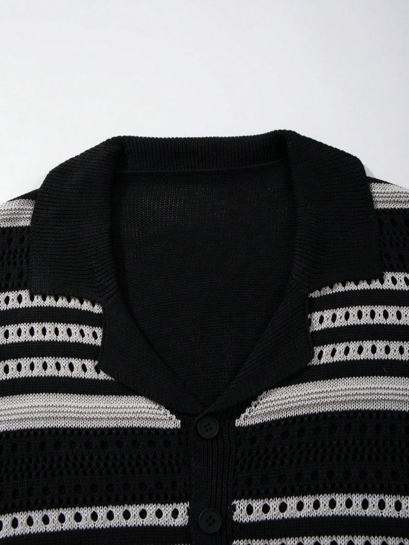 Men's Striped Print Short Sleeve Cardigan, Loose Casual Open Front Knitwear for Spring & Summer, Fashion Men's Knit Clothing for Daily Wear, Tops