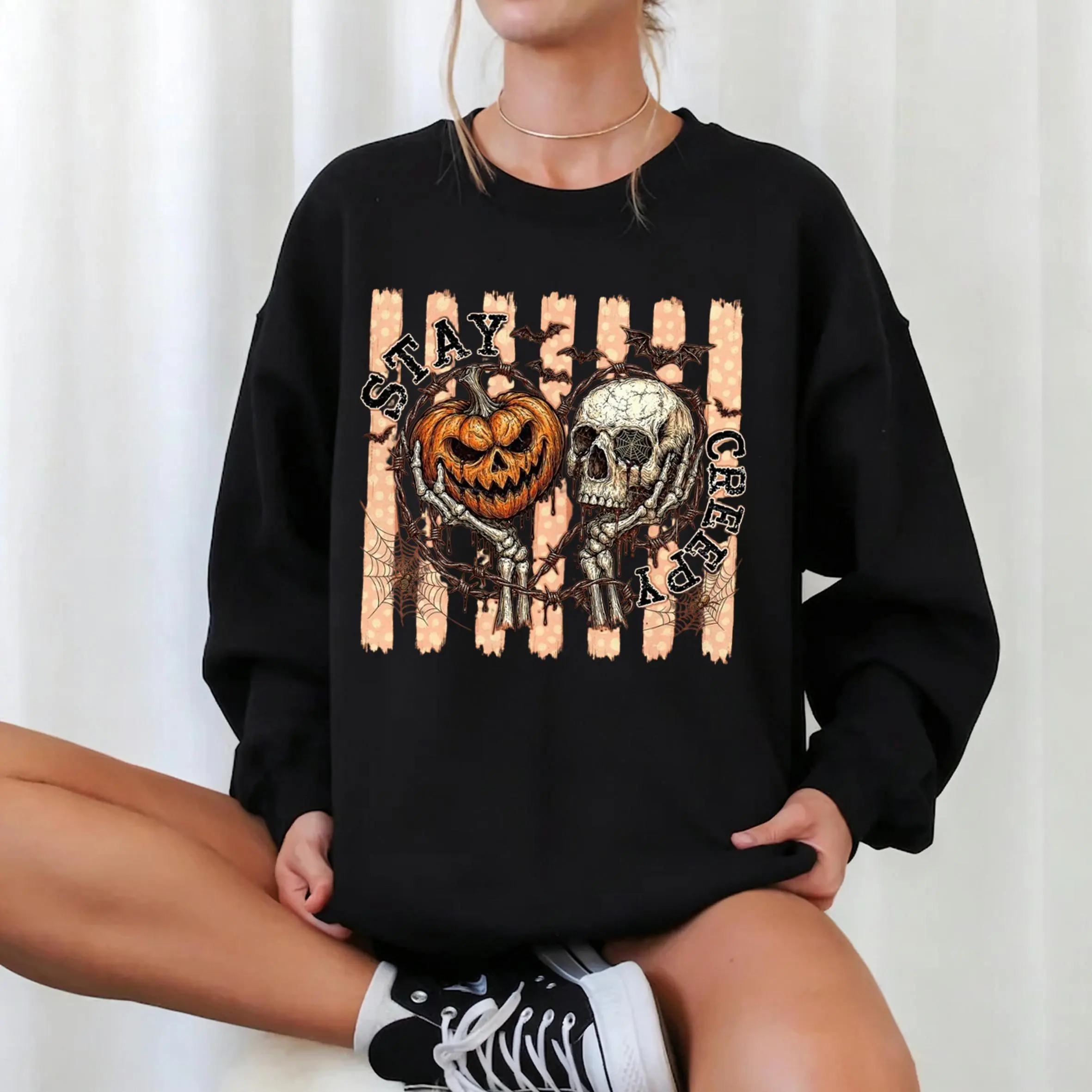 Women's "Stay Creepy" Halloween Graphic Sweatshirt, Vintage Oversized Pullover Top in Soft Cotton Fabric, Casual Streetwear for Sweatpants, Birthday Gift, Prints, Everyday, Longsleeves, Comfortable, Long Sleeve, Loose, Classic Crew, Soft Blend