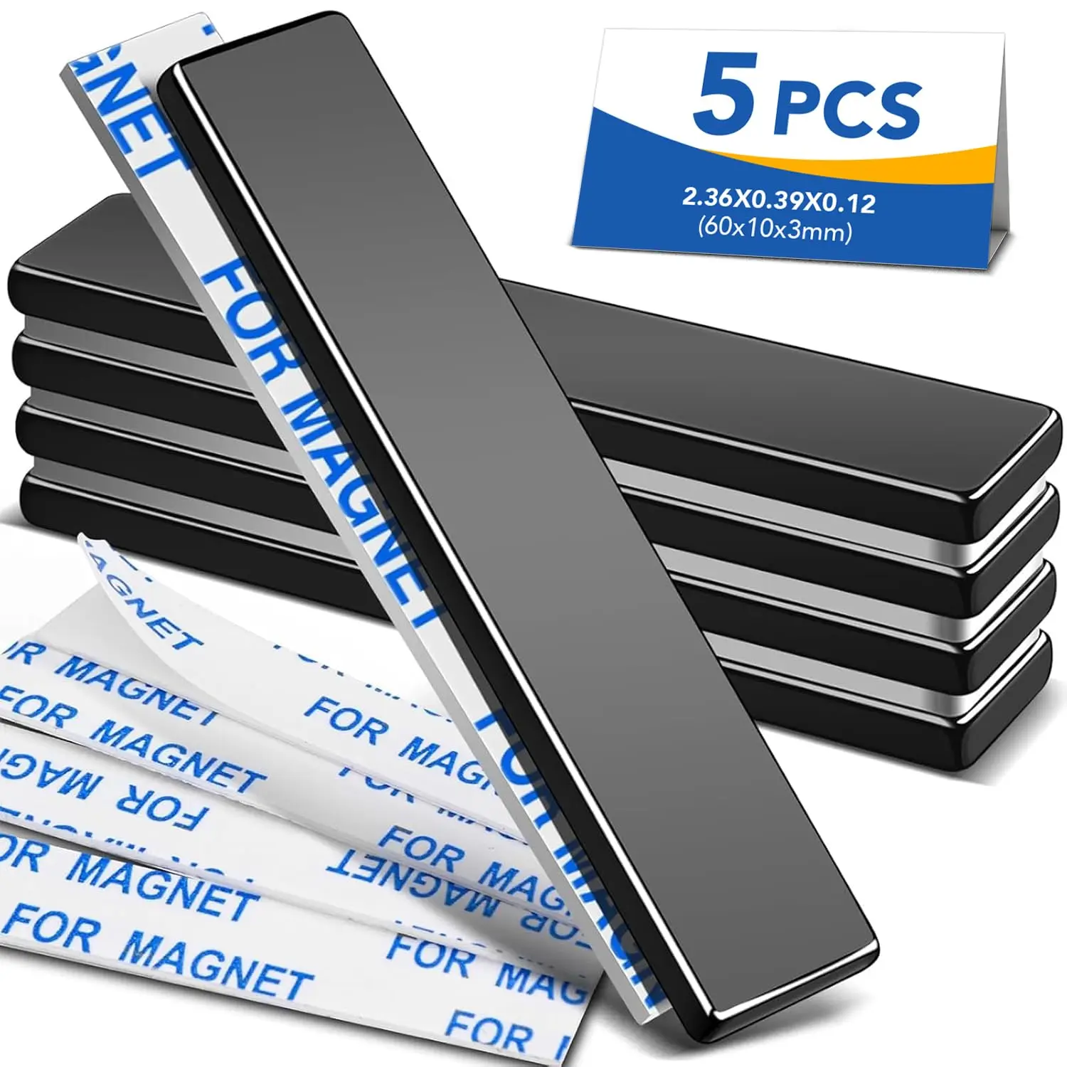 Neodymium Magnets with Adhensive Backing 60x10x3 mm, 5 Pcs |   Magnets Bar, Duty Rectangular for Craft, Whiteboard,,, DIY, Black