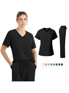 Womens Stretch Waist Scrub Set Short-Sleeve Top & Straight-Leg Pants, All-Season Hospital Uniform