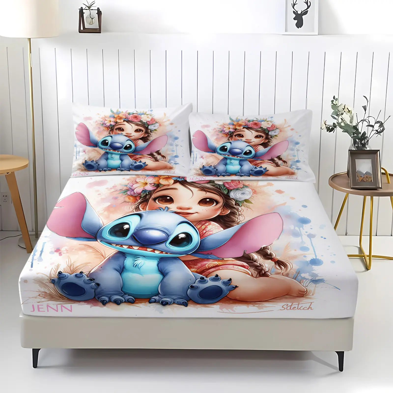 Stitch Cute Cartoon Pattern Bed Sheet, Comfortable Printed Pattern, Includes 1 Bed Sheet and 2 Pillowcases, Comfortable Bedding, Non slip Dust Cover Suitable for Bedroom and Guest Room, Suitable as a Children's Gift