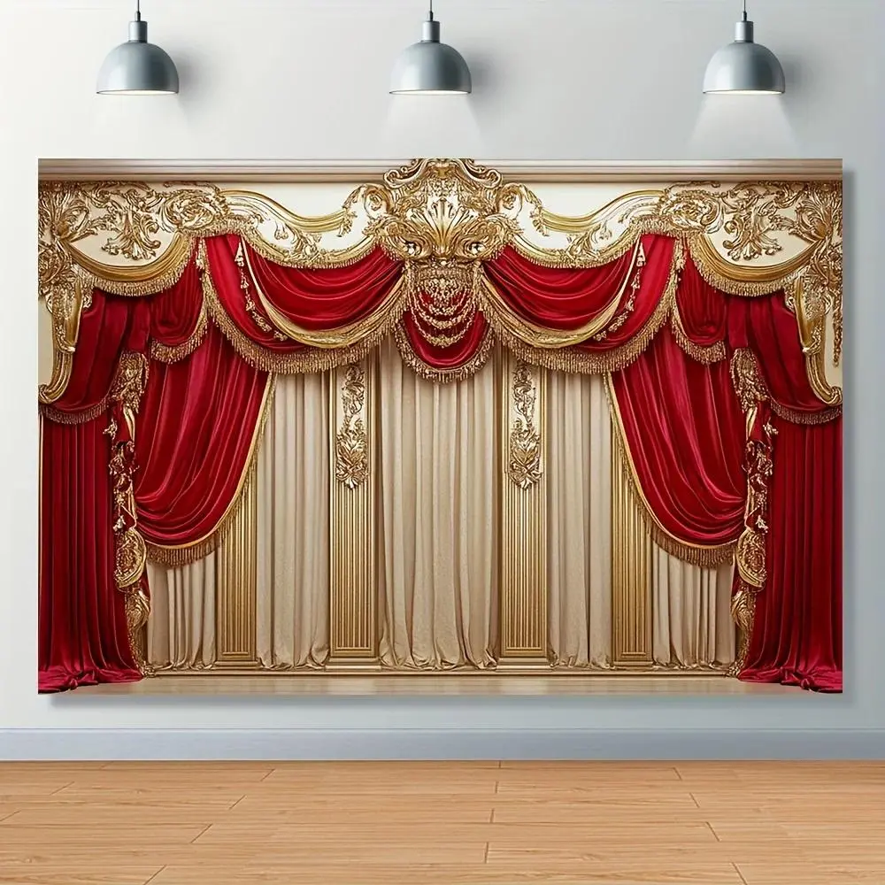Luxury Red Gold Palace Print Polyester Photography Backdrop Banner Tapestry - Home Decor Room Decoration, Gift for Family Engagement Events, Photo Booth Indoor Outdoor Supplies (with Storage Bag)