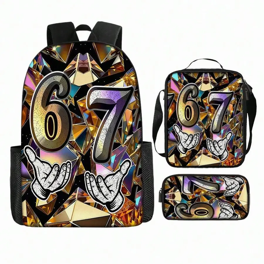 3Pcs Backpack Set 2D Print Large Capacity Backpack With Number 67 Print- Adjustable Shoulder Straps, Lightweight School Bookbag, Daily Commuting, Cool Street Style Gift For And Aesthetic Student School Bag For Daily., 17in Bookpack