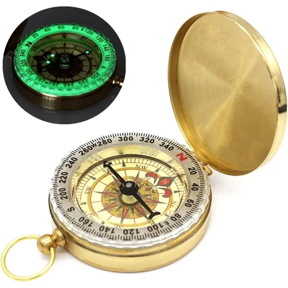 Small Golden Pocket Compass for Kids, Glow in The Dark Waterproof Vintage Metal Military Compass, Outdoor Navigation Tool for Hiking Hunting Backpacking Camping Survival (Golden)
