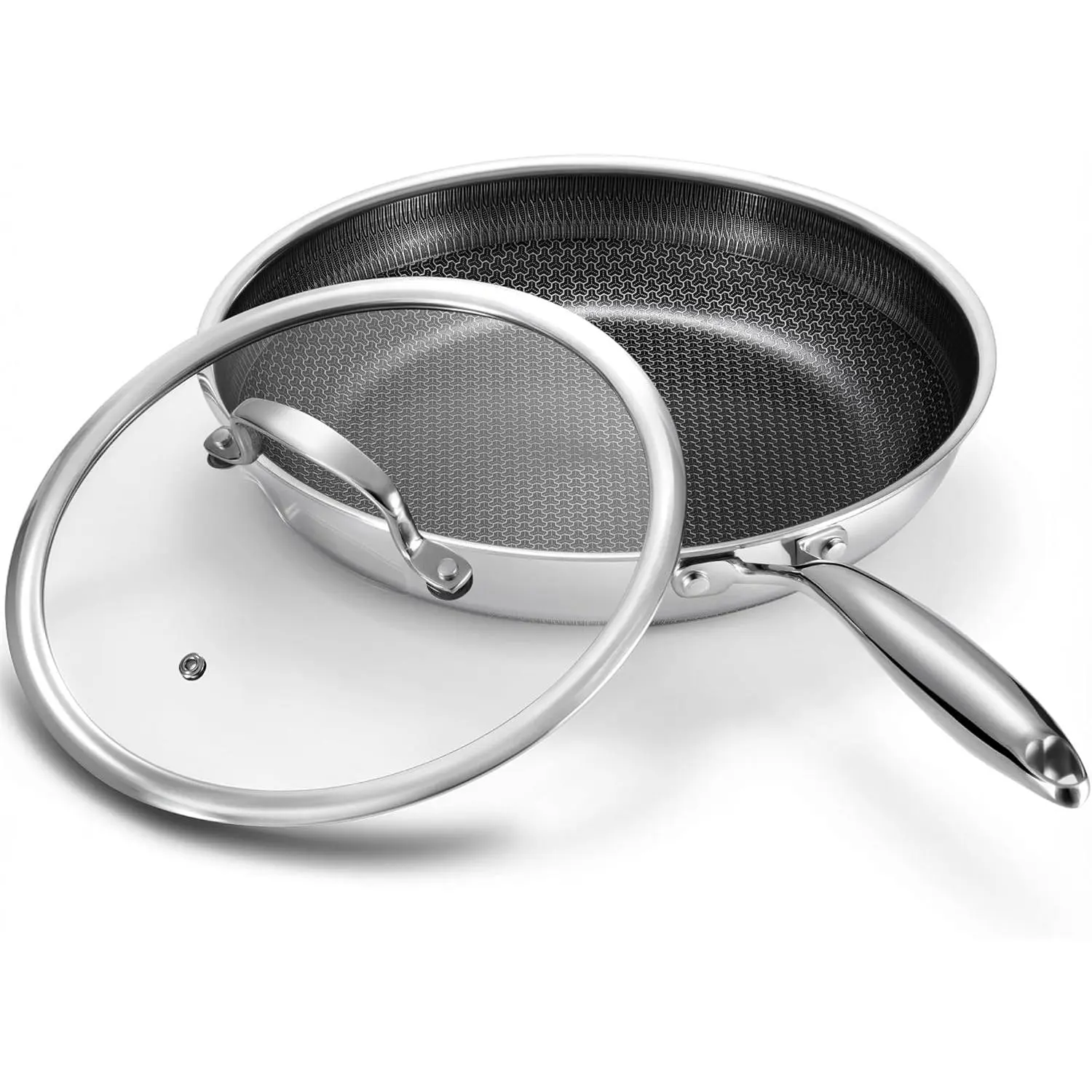 8-In Non-Stick Stainless Steel Hybrid Pan Set - Frying Pan & Skillet, Silicone-Resistant, Aluminium Core, Stay-Cool Handle, PFOA-Free Non-Toxic Cookware, Glass Lid, Dishwasher & Oven Safe, All-Cooktop Compatible for Healthy Cooking