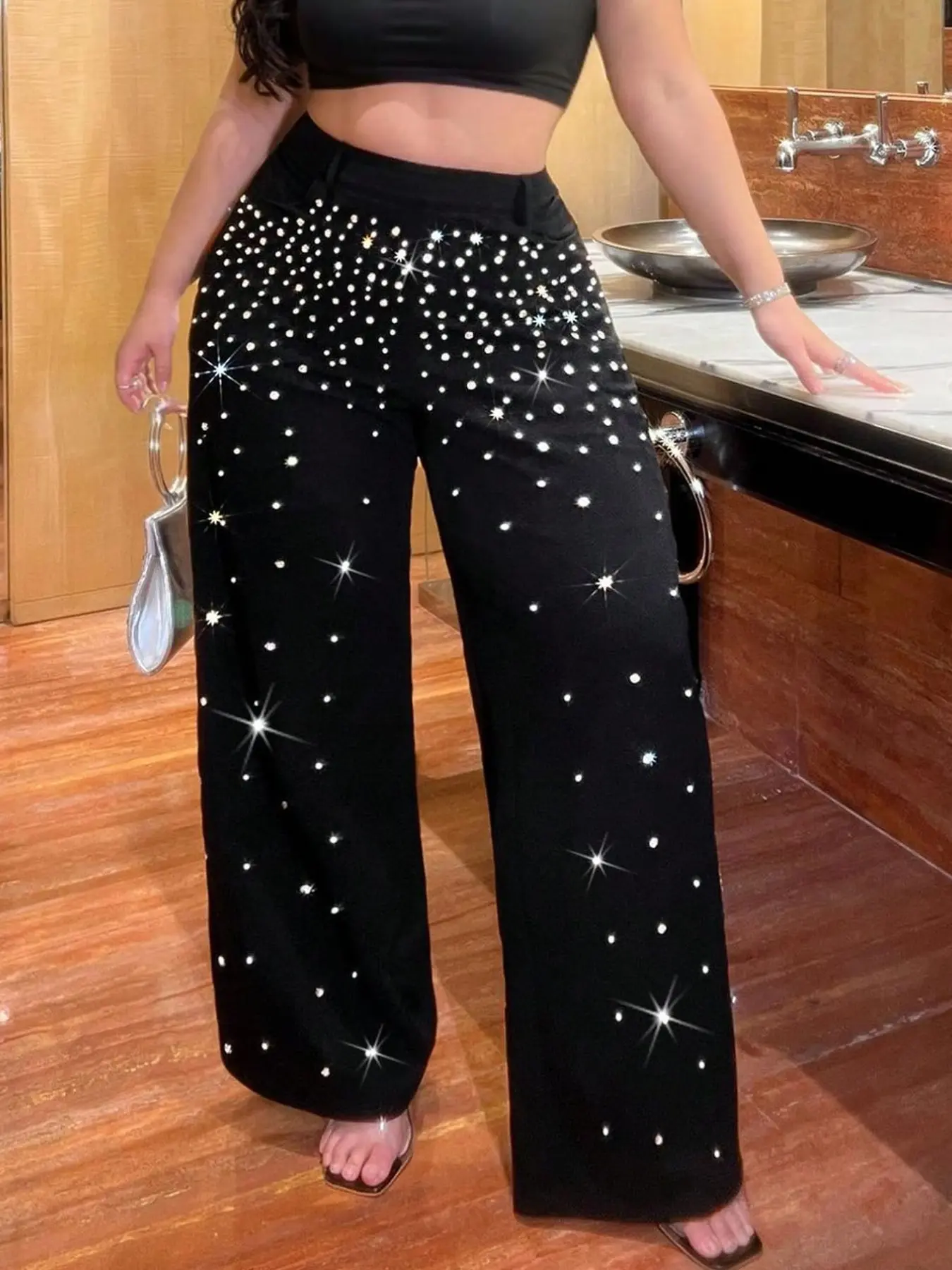 Plus Size Women's Long Pants, Nightclub Style Starry Rhinestone Wide Leg, High Waist Loose Fit, Fall & Winter Fashion, Party