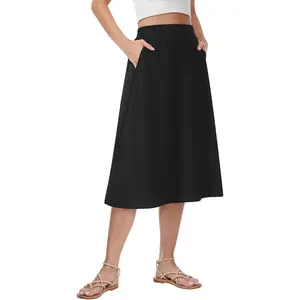 Women's Midi Skirt High Waist Flowy Casual A-line Knee Length Skirts with Pockets