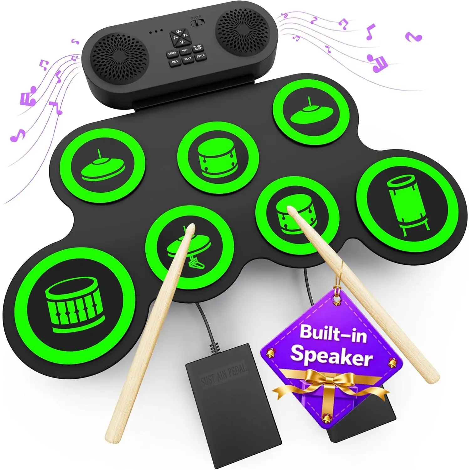 Electric Drum Set with  Speaker,  Drum Pad and Sticks Kit Supports REC, Portable Roll Up Drums Practice Pad