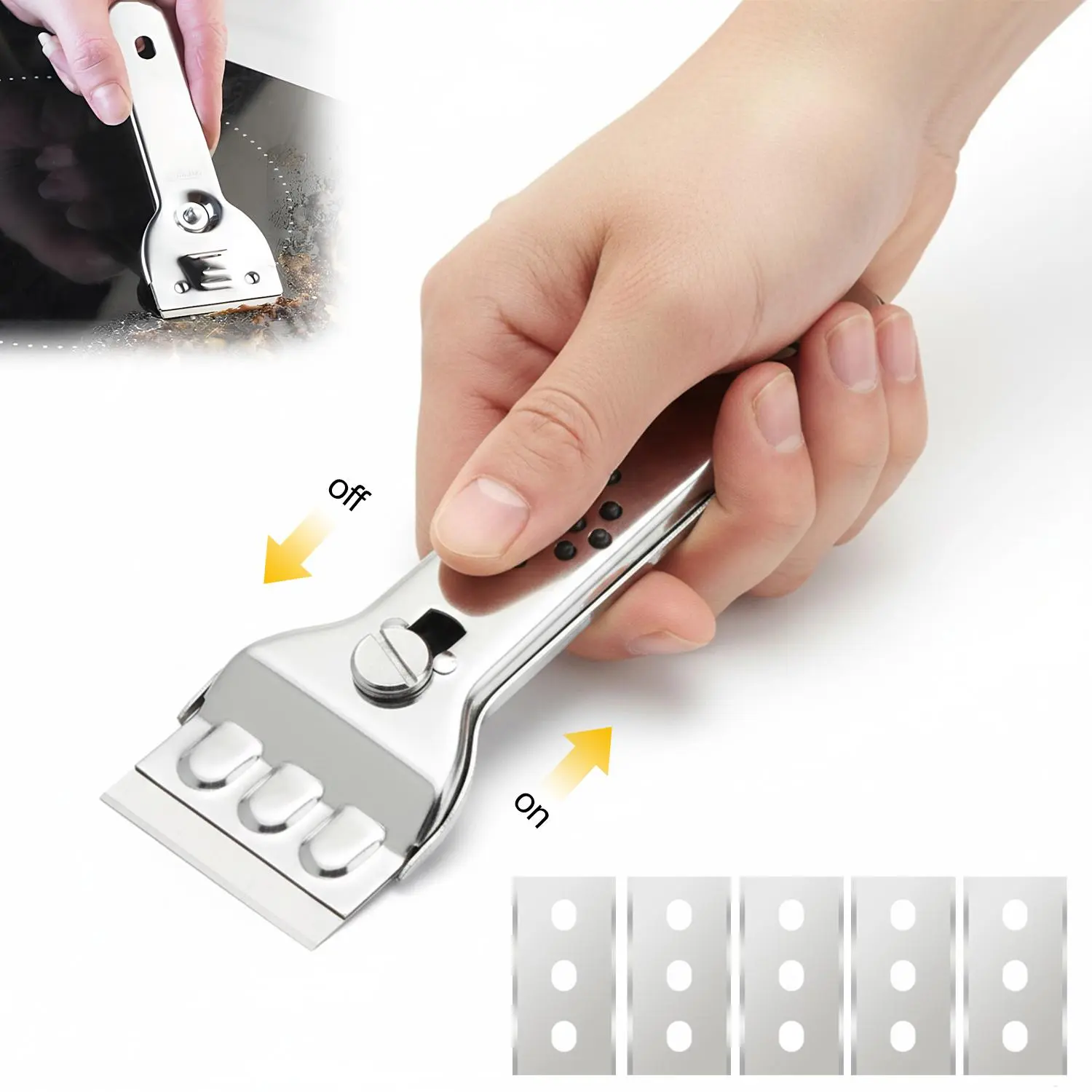Stainless Steel Scraper Kit with 5 Replacement Blades, Multi-Purpose Cleaning Scraper Tool for Kitchen Stove Grease, Snow, Wall Paint & Grime Removal
