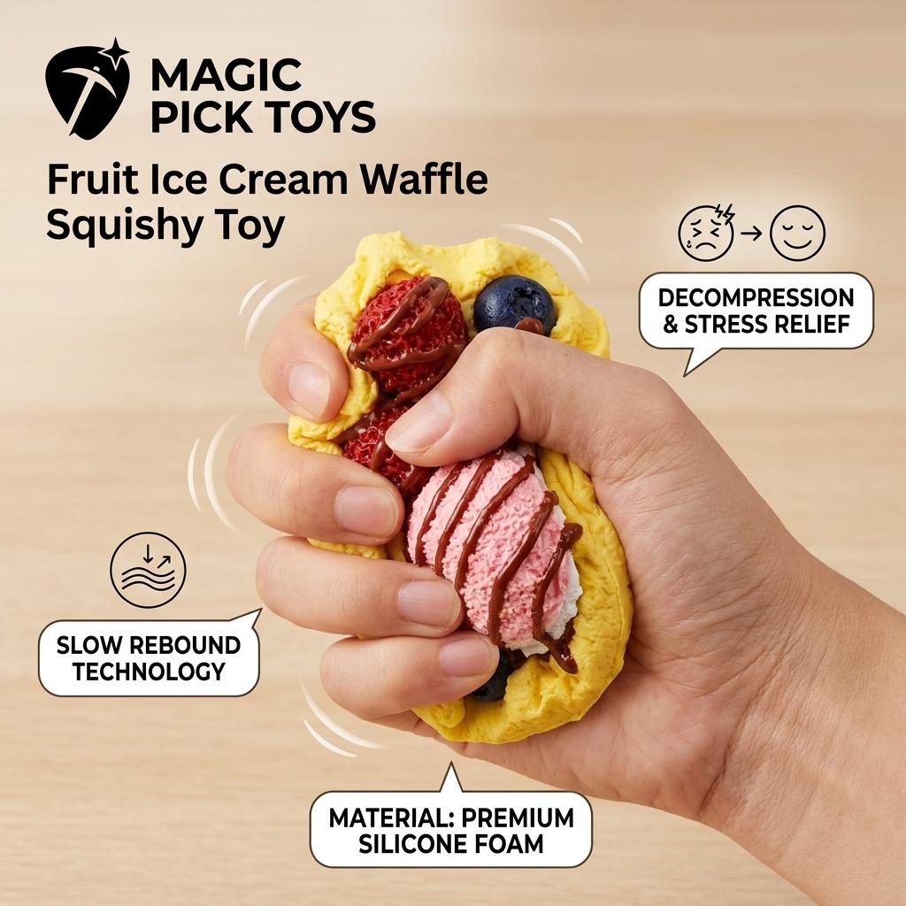 Final Sale | Ice Cream Fruit Waffle Squishy- Food-Grade Silicone Slow-Rising Rebound Squishy Fidget Toys for Stress Relief - Soft Squeeze Toys with Thick Creamy Slime Texture, Handmade Non-Toxic Sensory Toys