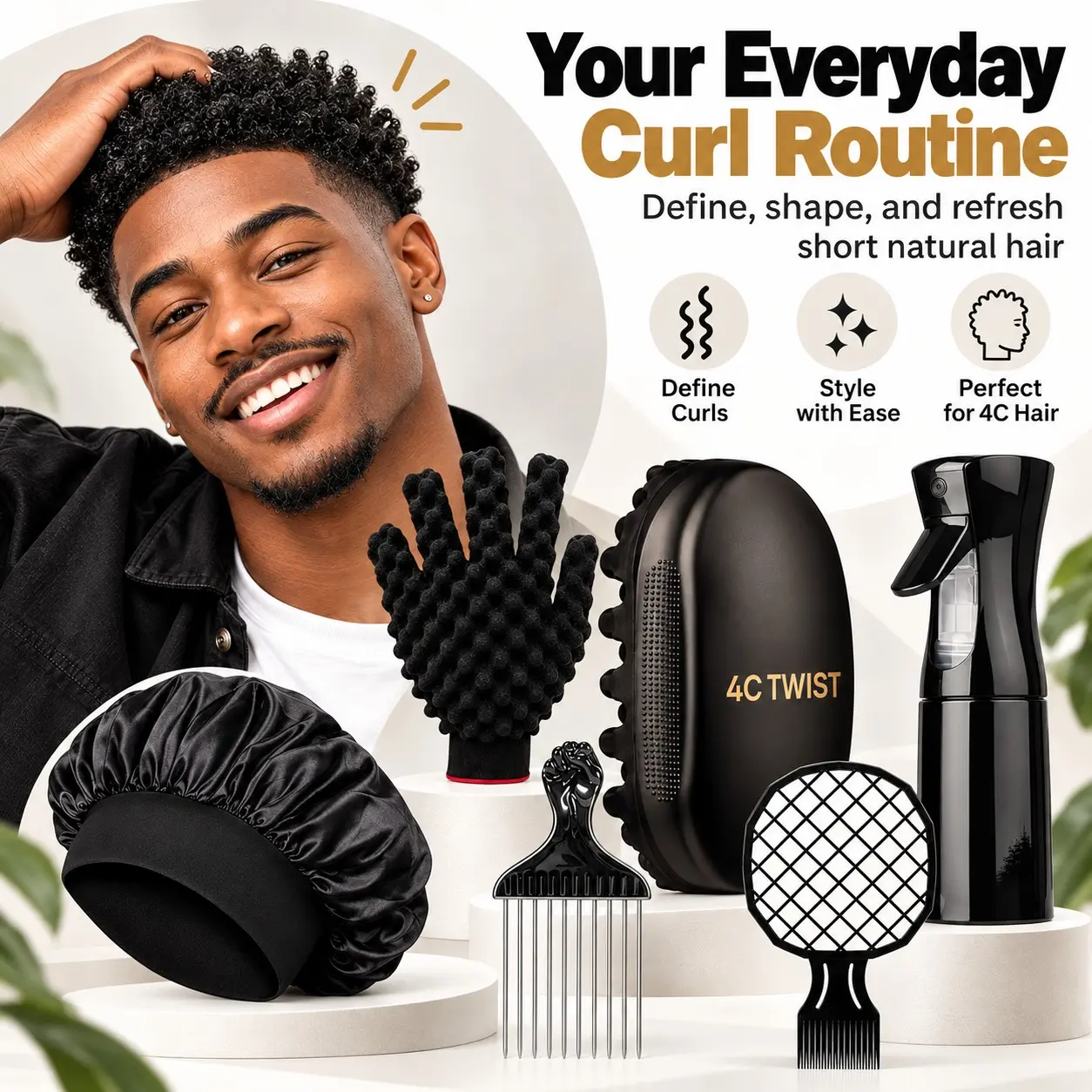 4C Twist Brush for Natural Curly Hair, Hair Curling Brush, Easy-to-Use Curl Defining & Twist Styling Brush for Short Coily Afro Hair, Complete Curl Styling Kit with Curl Sponge Glove, Afro Pick Comb, Fine Mist Spray Bottle & Sleep Bonnet